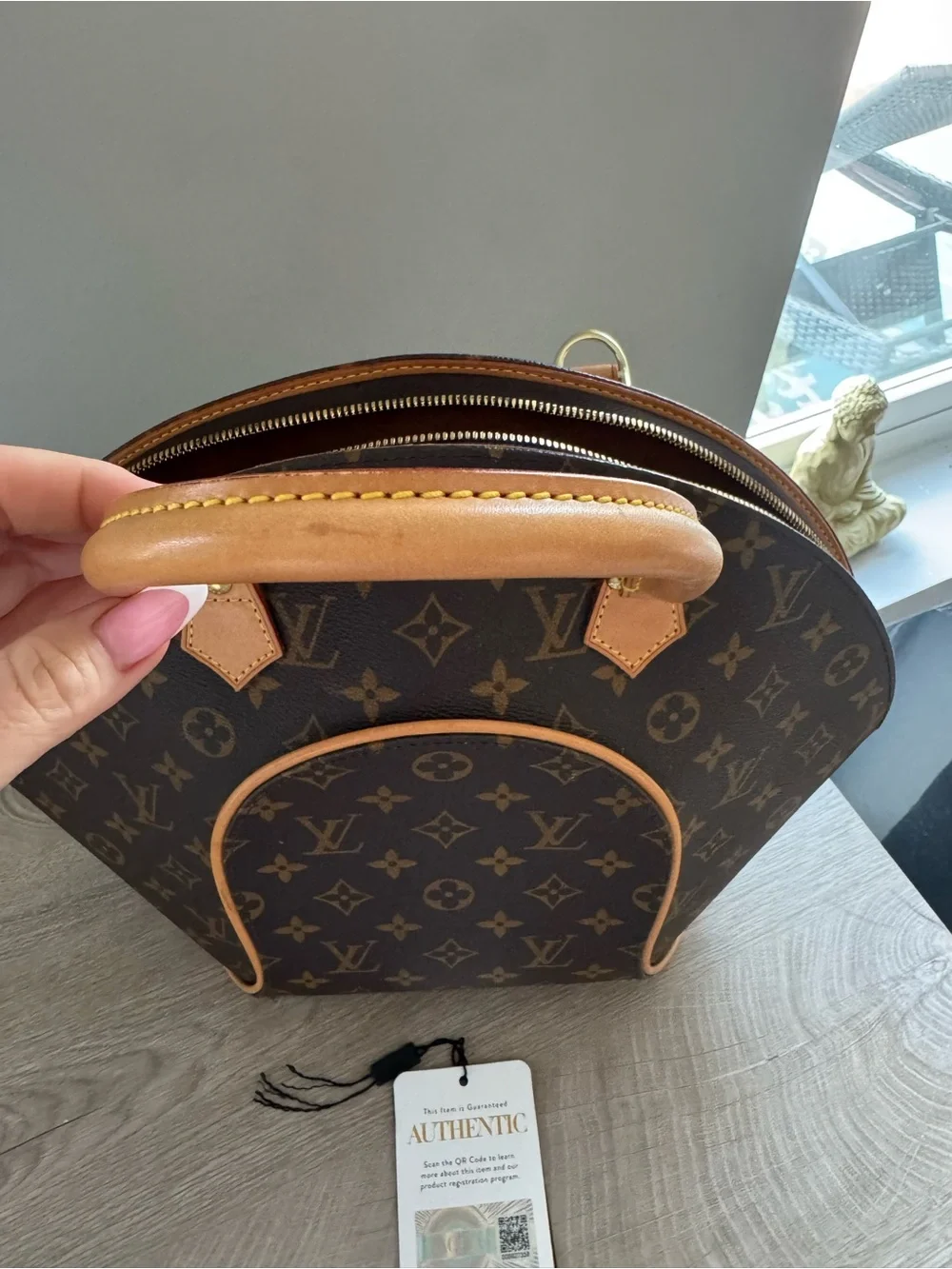 Louis Vuitton Brown Monogram Ellipse Handbag with Tan Trim
